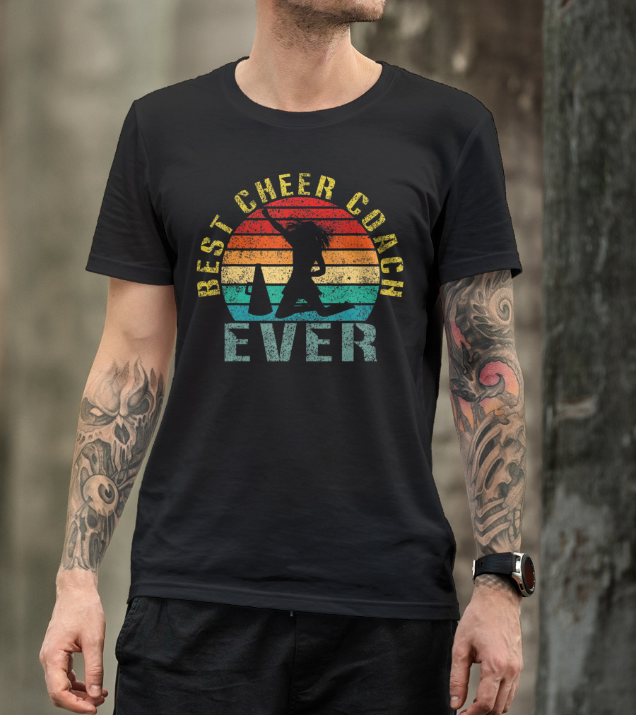 Best Cheer Coach Ever Vintage Silhouette With Megaphone And Sunset Stripes T-Shirt