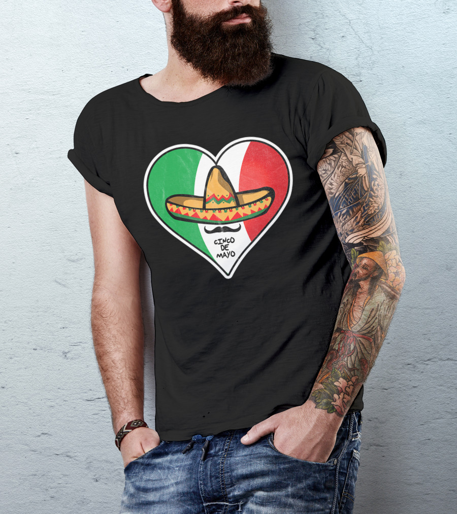 Cinco De Mayo Vintage Sombrero Heart Mexican Flag T-Shirt
