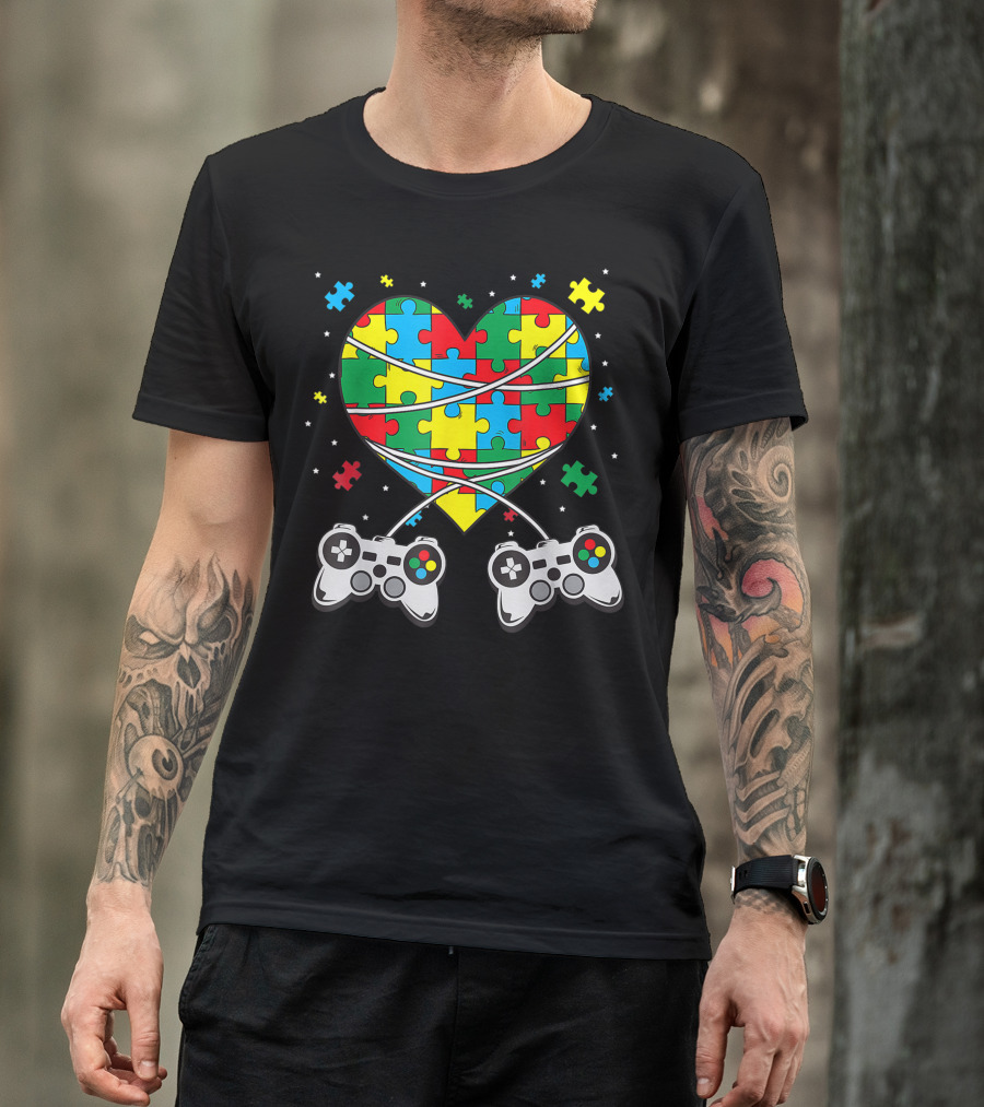 Boys Autism Awareness Month Puzzle Heart Video Game Controllers T-Shirt