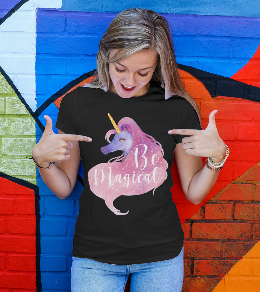 Be Magical Cute Unicorn Watercolor Pink Purple T-Shirt