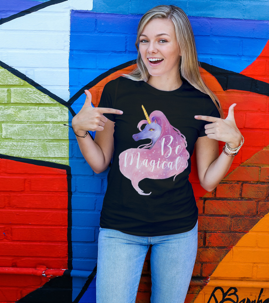 Be Magical Cute Unicorn Watercolor Pink Purple T-Shirt