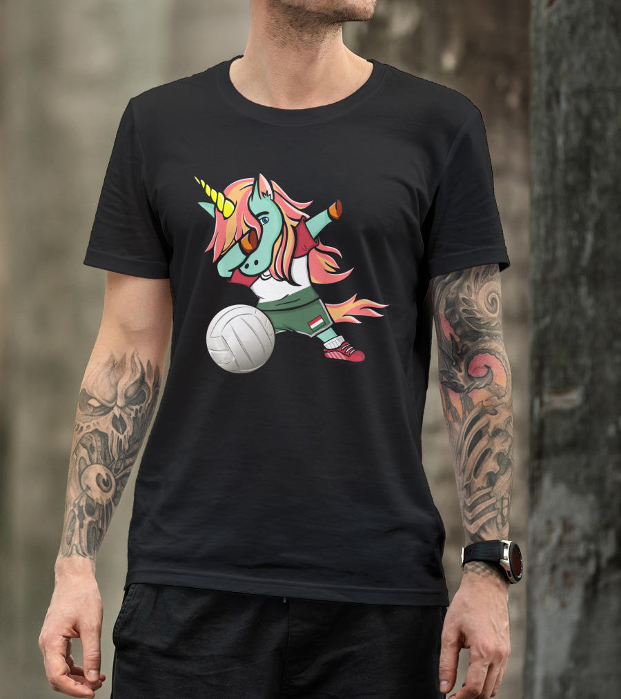 Dabbing Unicorn Hungarian Volleyball Lovers With Flag Jersey T-Shirt