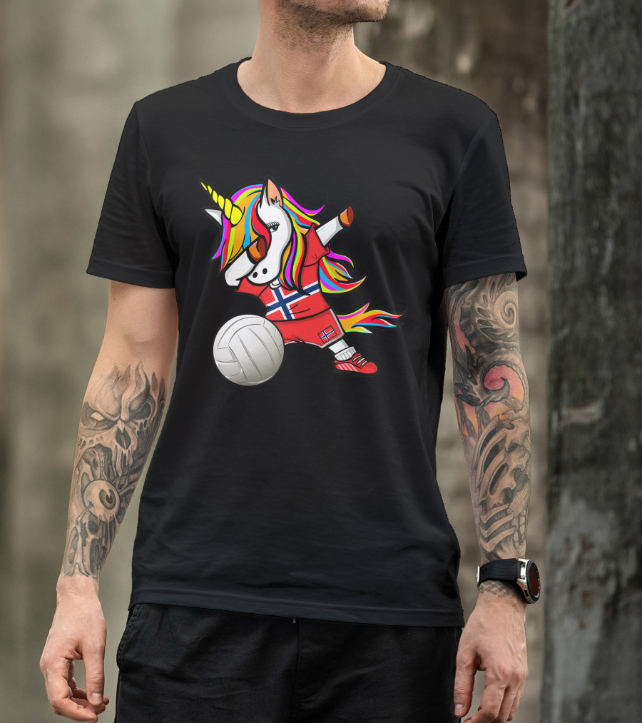 Dabbing Unicorn Norway Volleyball Fans Norwegian Flag Rainbow Jersey T-Shirt