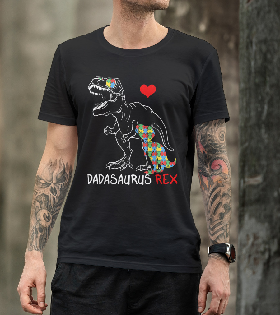 Dadasaurus Rex Heart Puzzle Autism Awareness Daddy T-Shirt