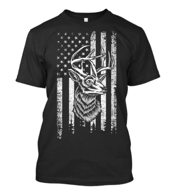 Deer Hunting Hunter Deer Head Antler With American Flag Background T-Shirt