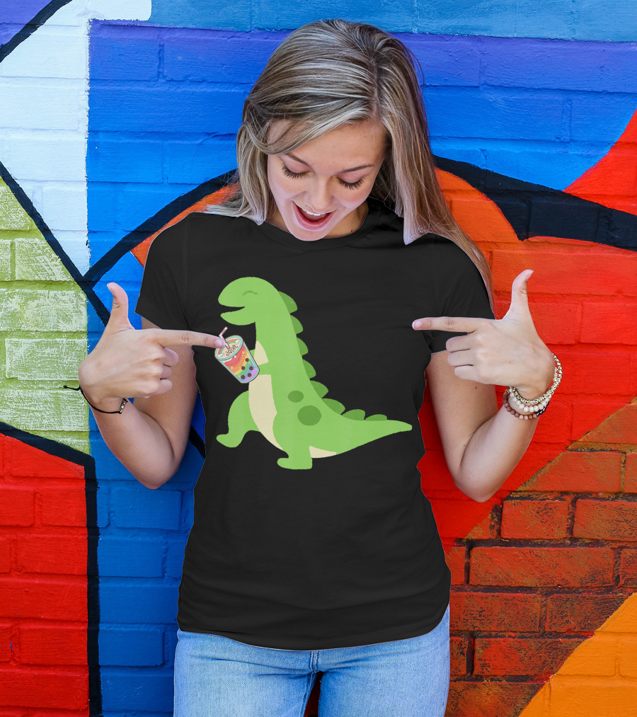 Dino Drinking Bubble Tea With Colorful Boba T-Shirt