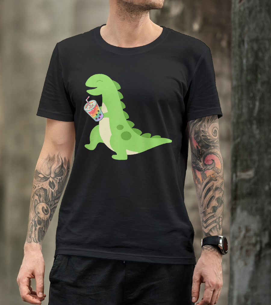 Dino Drinking Bubble Tea With Colorful Boba T-Shirt