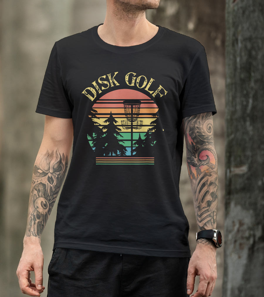 Disk Golf Sunset Forest Basket Scene T-Shirt
