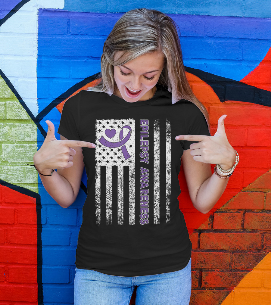 Epilepsy Awareness Flag Purple Ribbon Heart Warrior T-Shirt