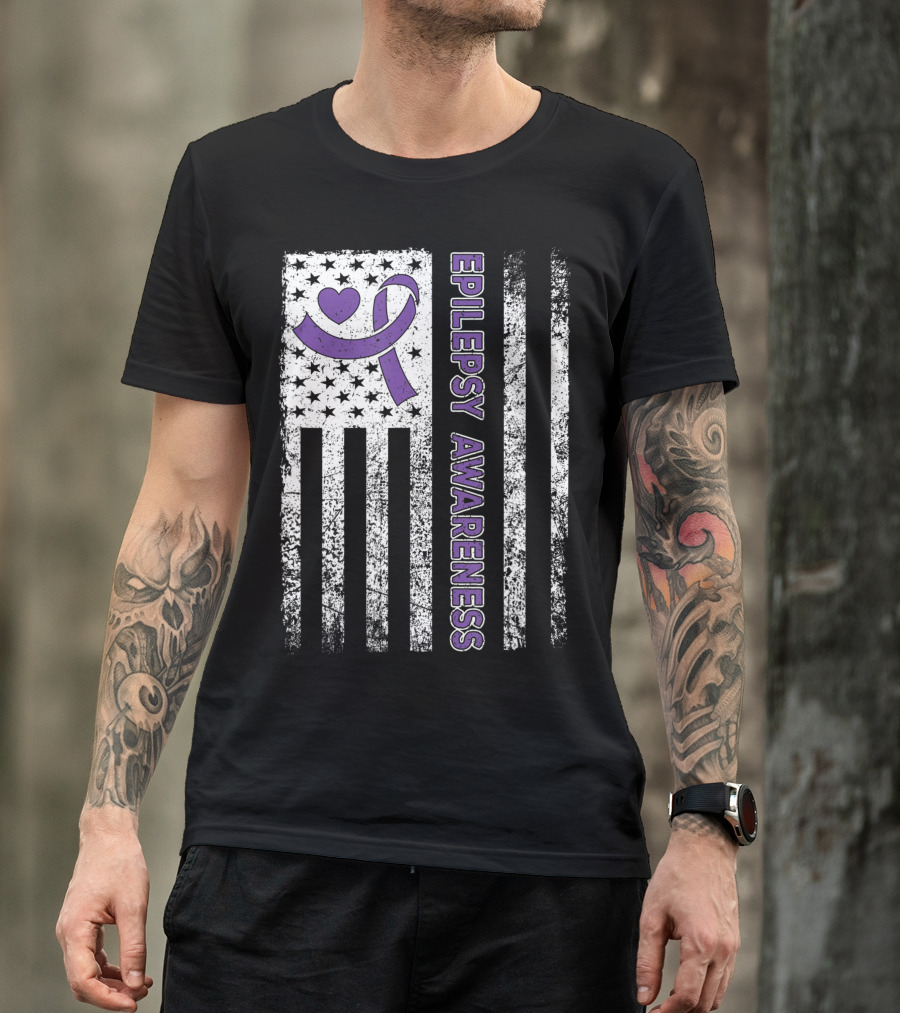 Epilepsy Awareness Flag Purple Ribbon Heart Warrior T-Shirt