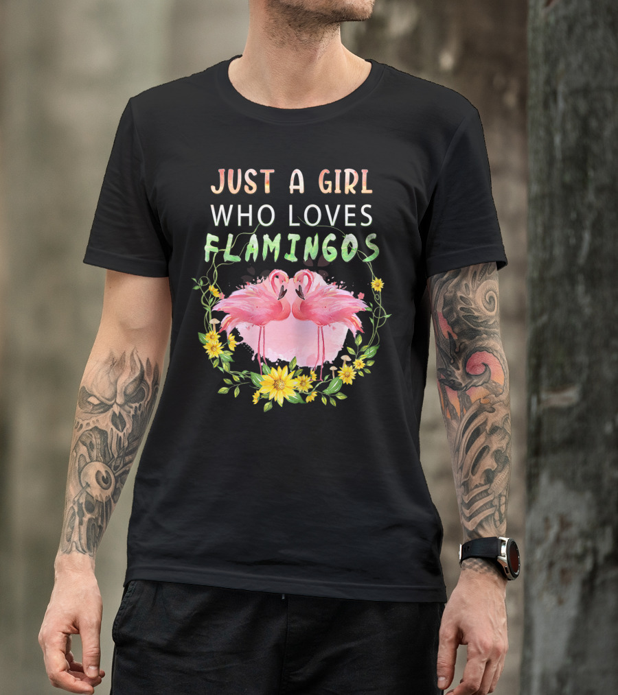 Just A Girl Who Loves Flamingos With Pink Flamingo Pair And Yellow Flowers T-Shirt