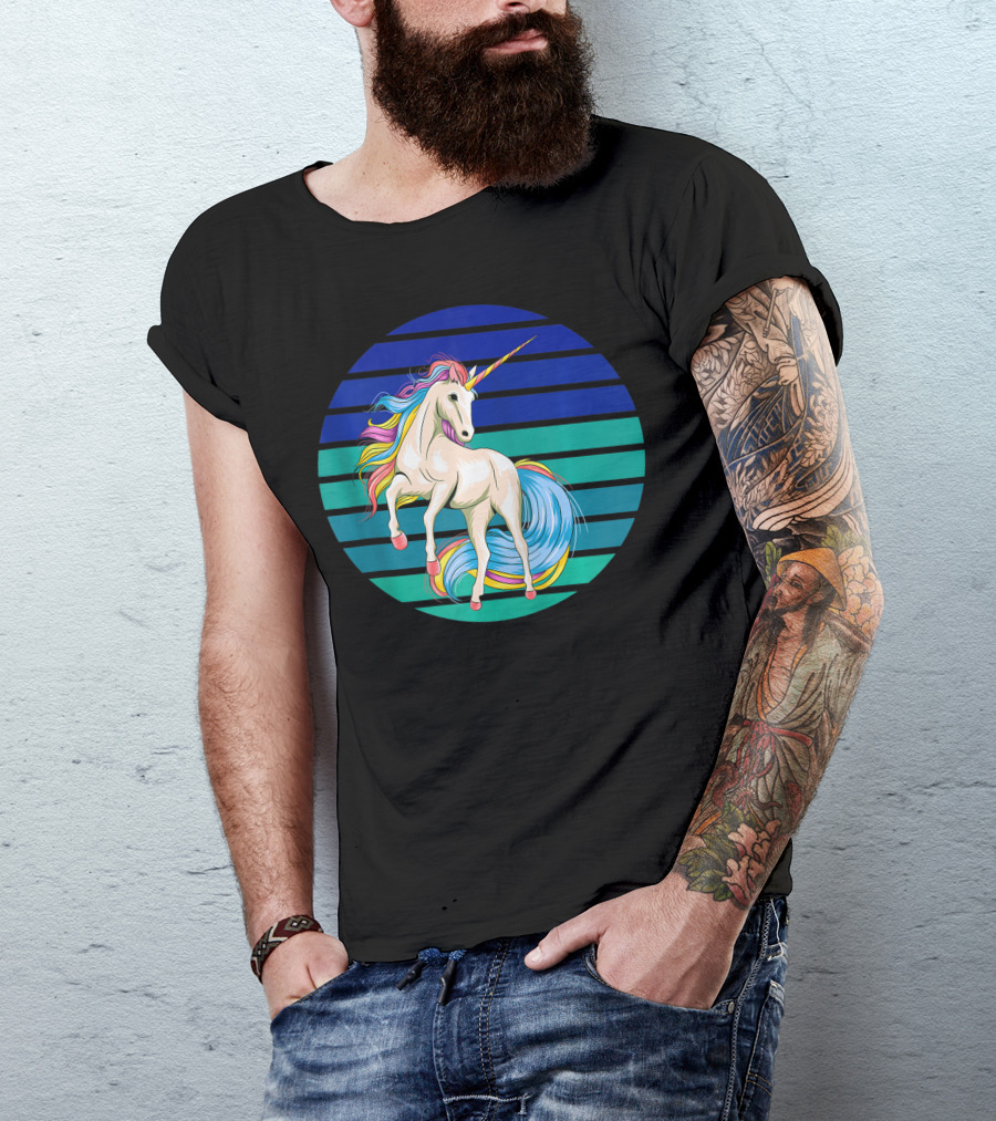 Girls Unicorn Rainbow Striped Sunset T-Shirt