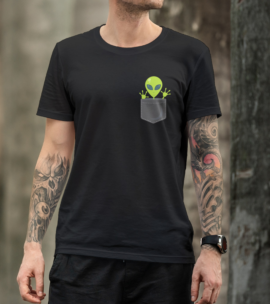 Green Cute Alien Peeking From Pocket T-Shirt