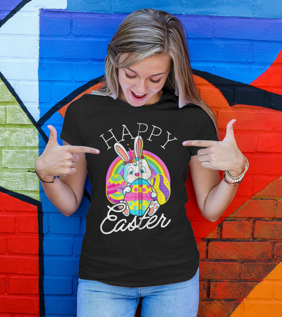 Happy Easter Unicorn Bunny Rabbit Eggs Rainbow Cute Kids Girls Women T-Shirt