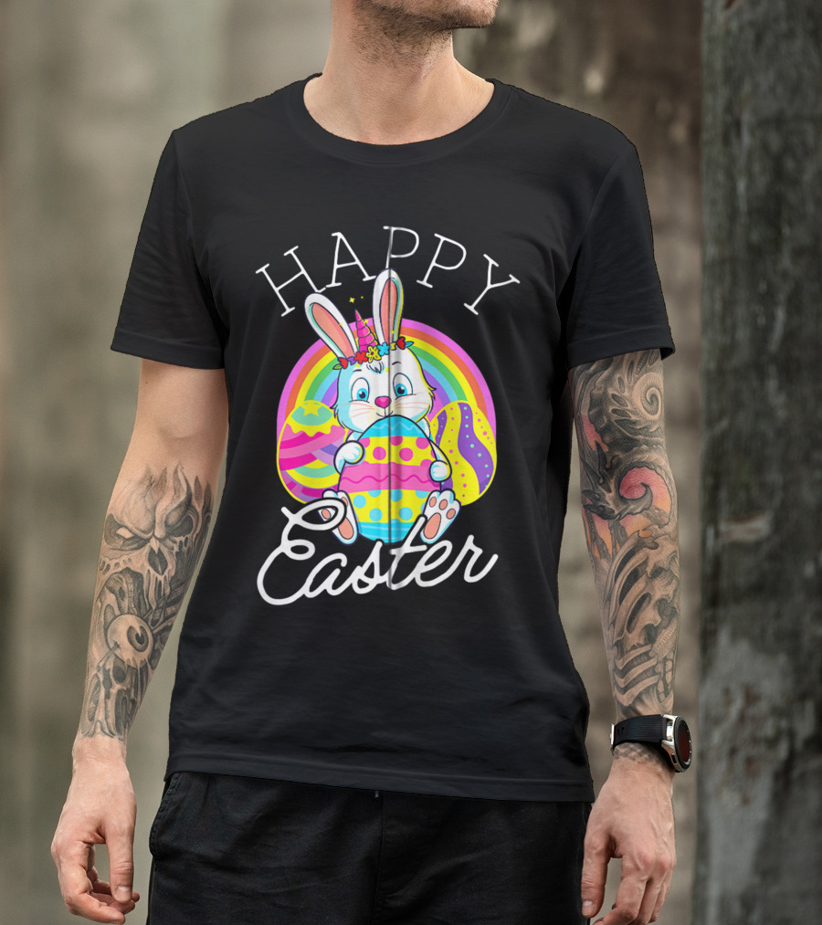 Happy Easter Unicorn Bunny Rabbit Eggs Rainbow Cute Kids Girls Women T-Shirt