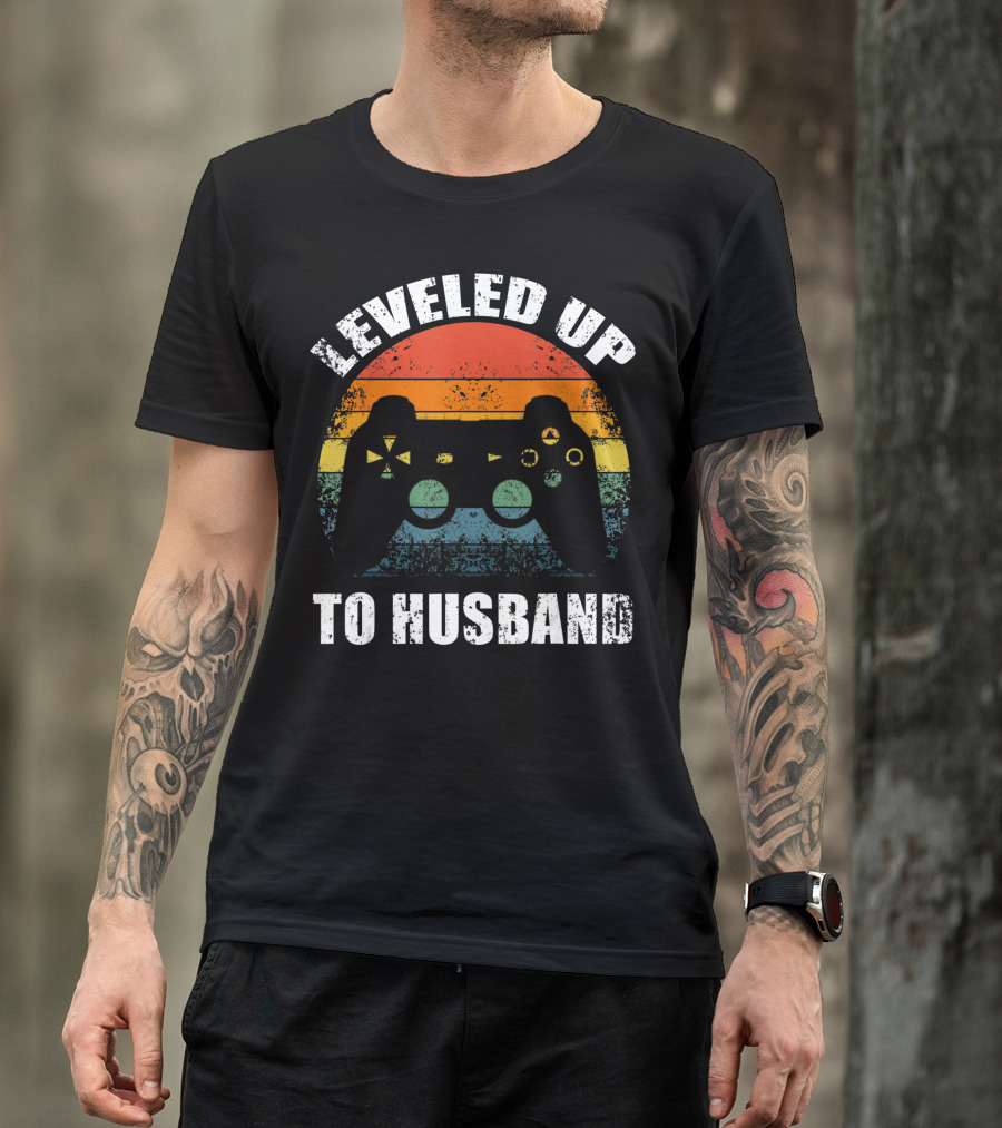 Leveled Up To Husband Retro Video Game Controller Wedding Announcement T-Shirt