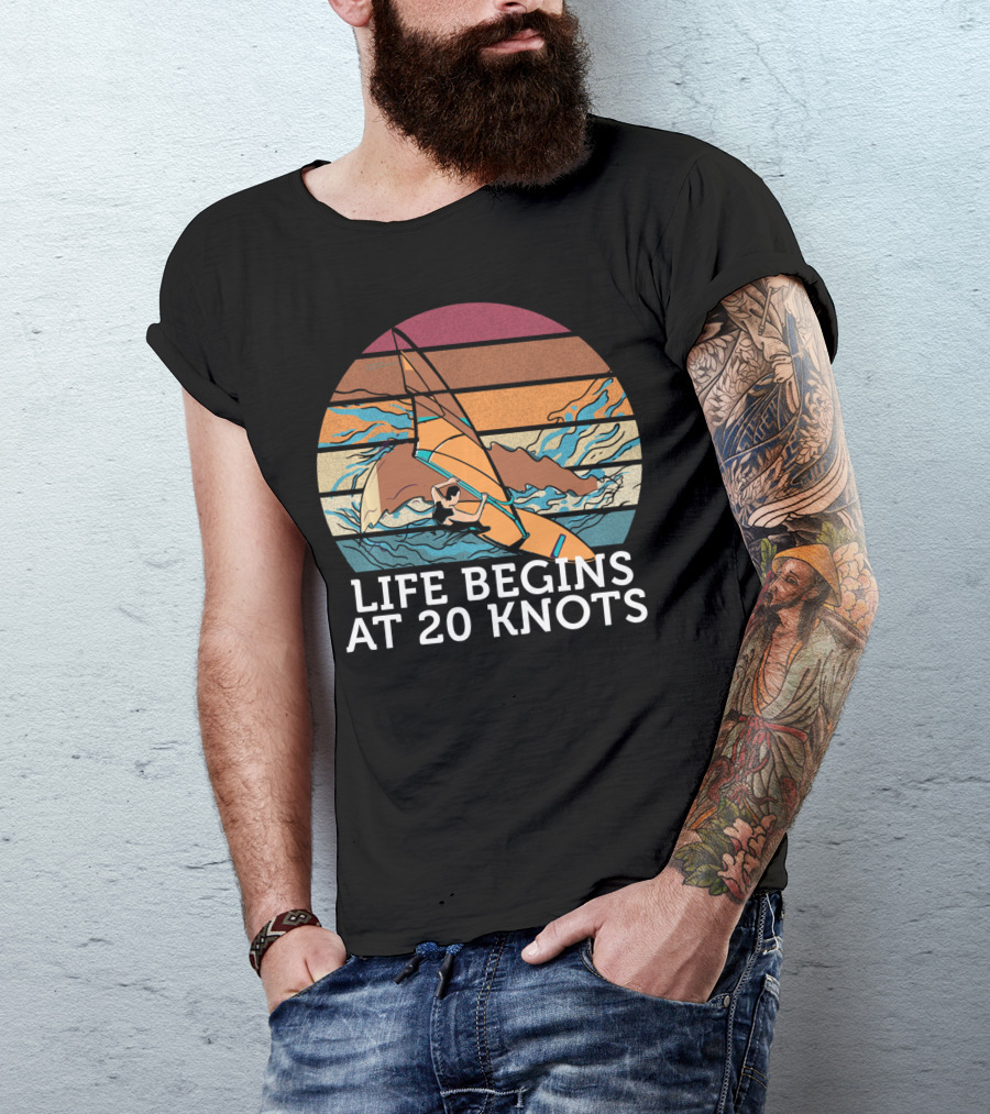 Life Begins At 20 Knots Vintage Sunset Beach Surfing Windsurfing Ocean Waves T-Shirt