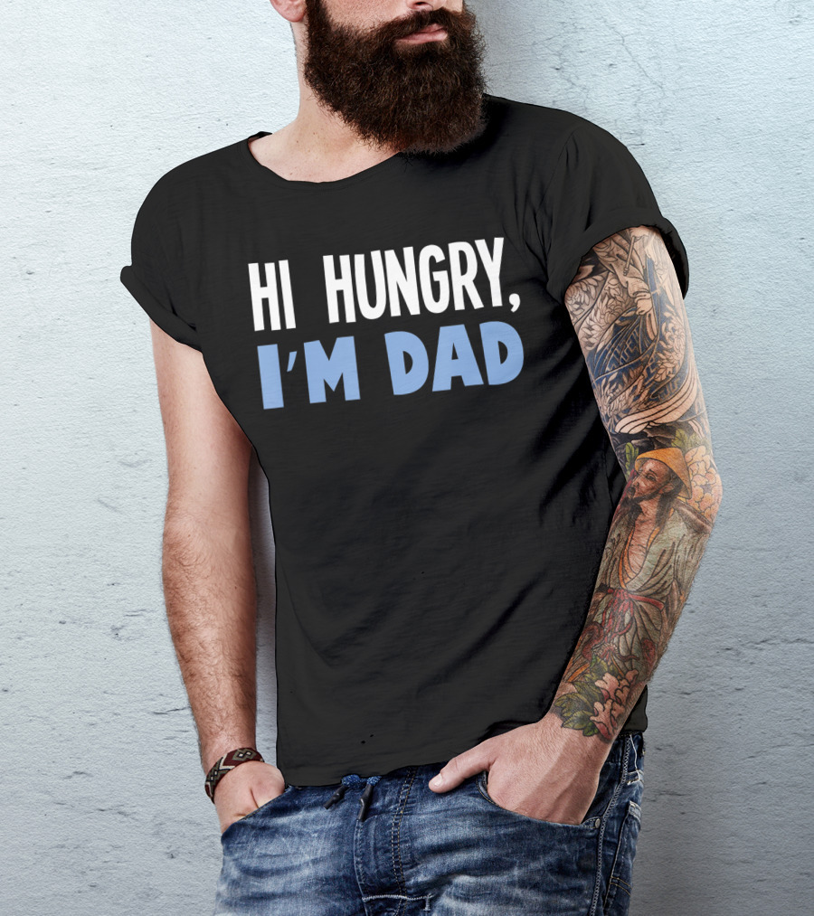 HI Hungry I'm Dad Black Background White Blue Text T-Shirt