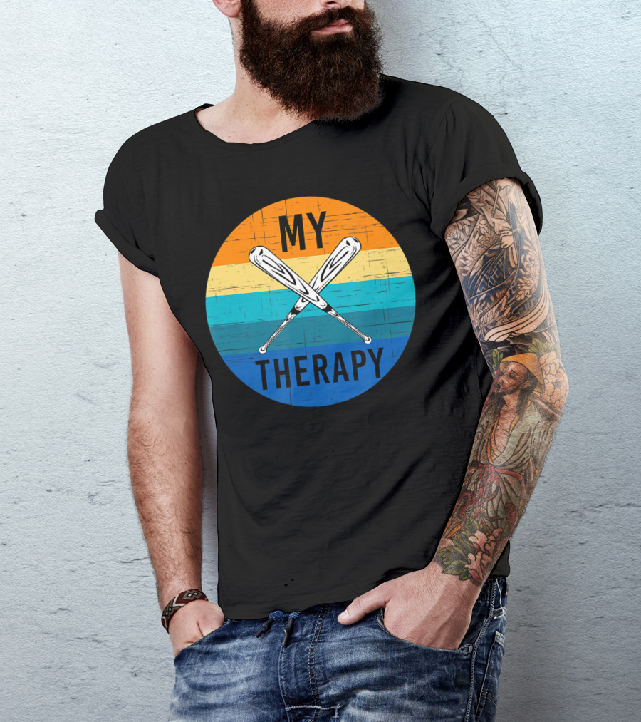 My Therapy Is Baseball American Baseball Fan Training Top Vintage Retro Crossed Bats T-Shirt