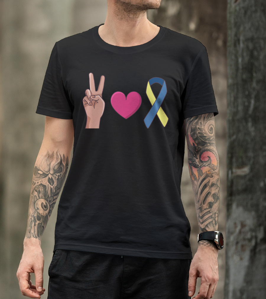 Peace Love Down Syndrome Awareness Blue Yellow T-Shirt