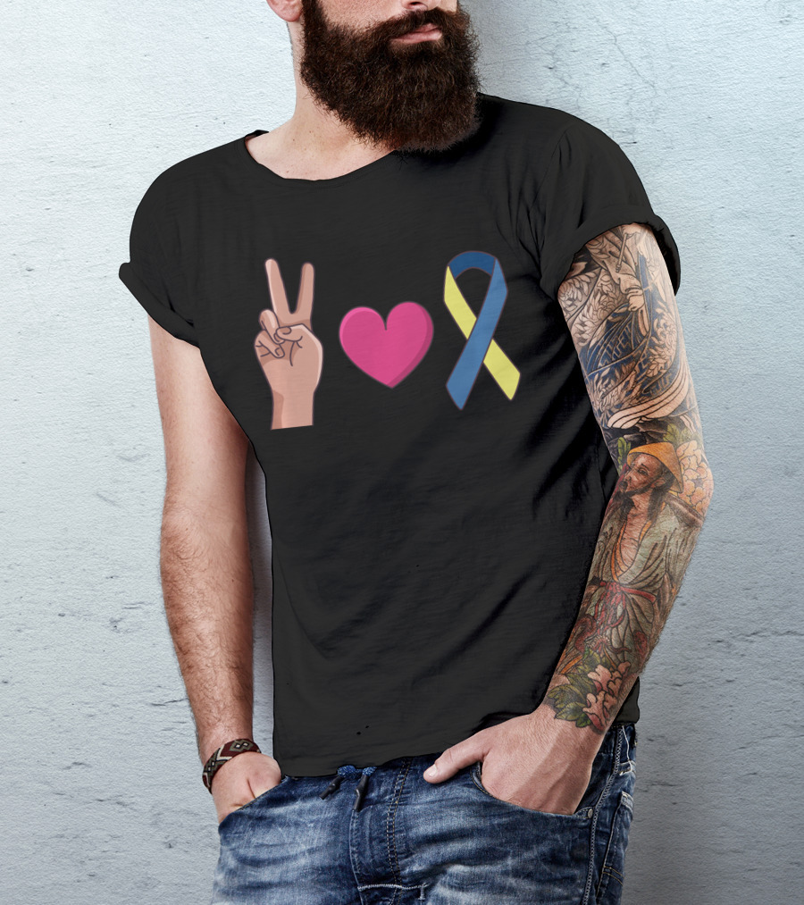 Peace Love Down Syndrome Awareness Blue Yellow T-Shirt