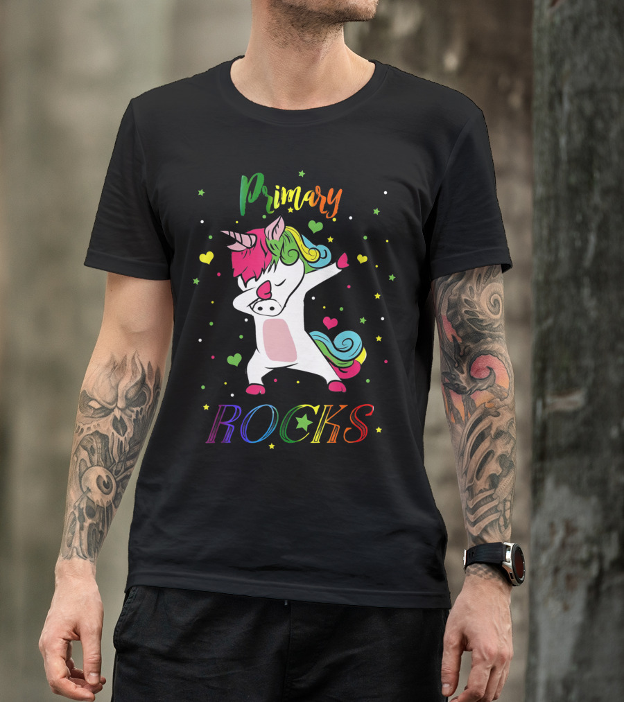 Primary Rocks Colorful Dabbing Unicorn With Hearts And Stars T-Shirt