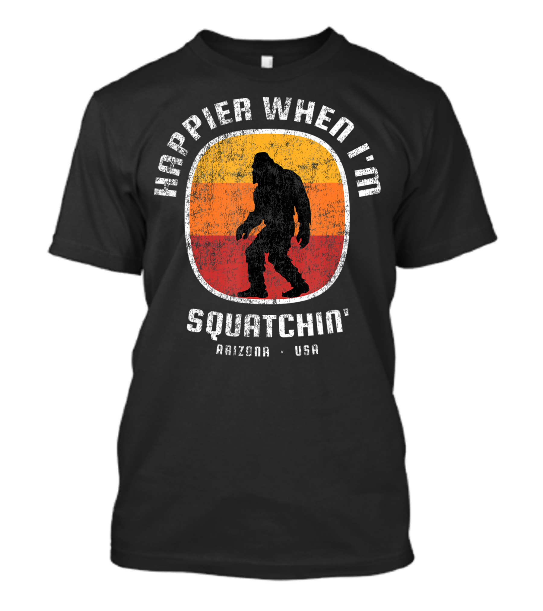 Happier When I'm Squatchin' Arizona USA Sasquatch Silhouette Retro Stripes T-Shirt