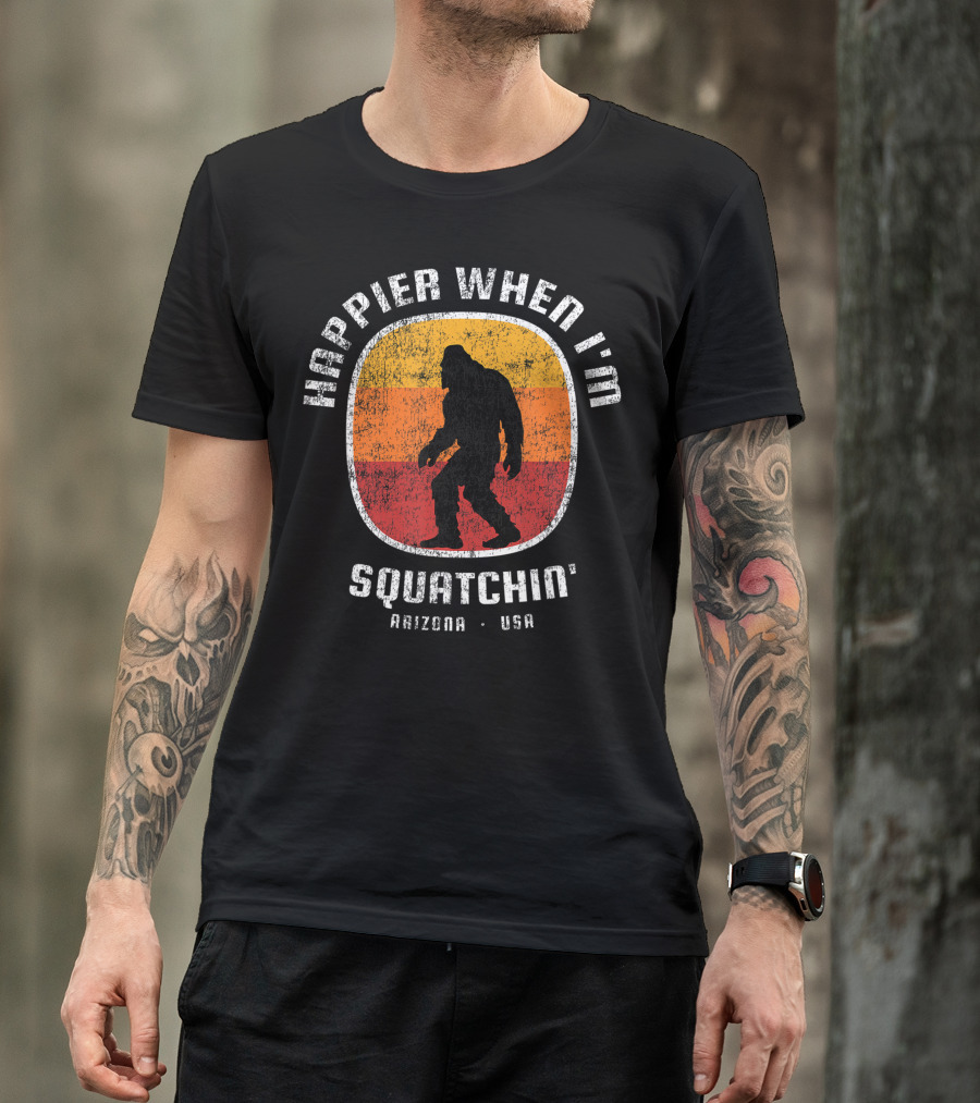 Happier When I'm Squatchin' Arizona USA Sasquatch Silhouette Retro Stripes T-Shirt