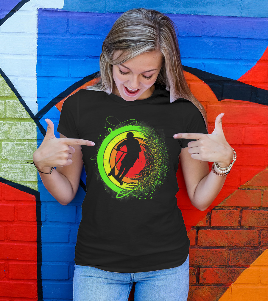 Scooter Stunt Action Silhouette In Vivid Circular Splash T-Shirt