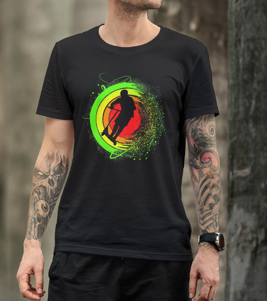 Scooter Stunt Action Silhouette In Vivid Circular Splash T-Shirt