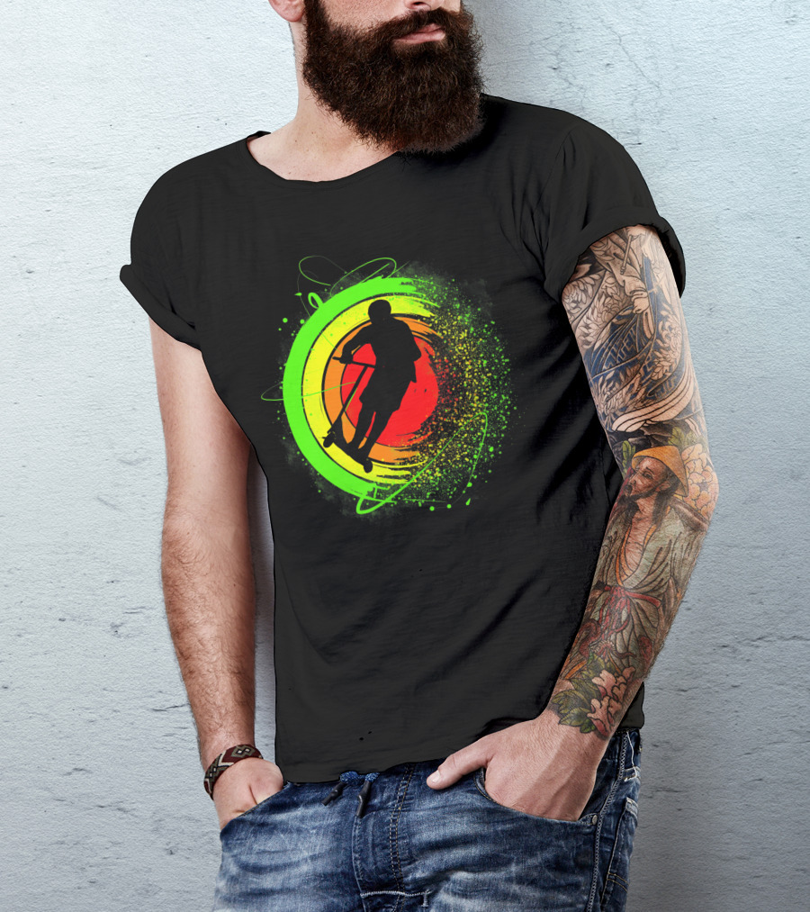 Scooter Stunt Action Silhouette In Vivid Circular Splash T-Shirt