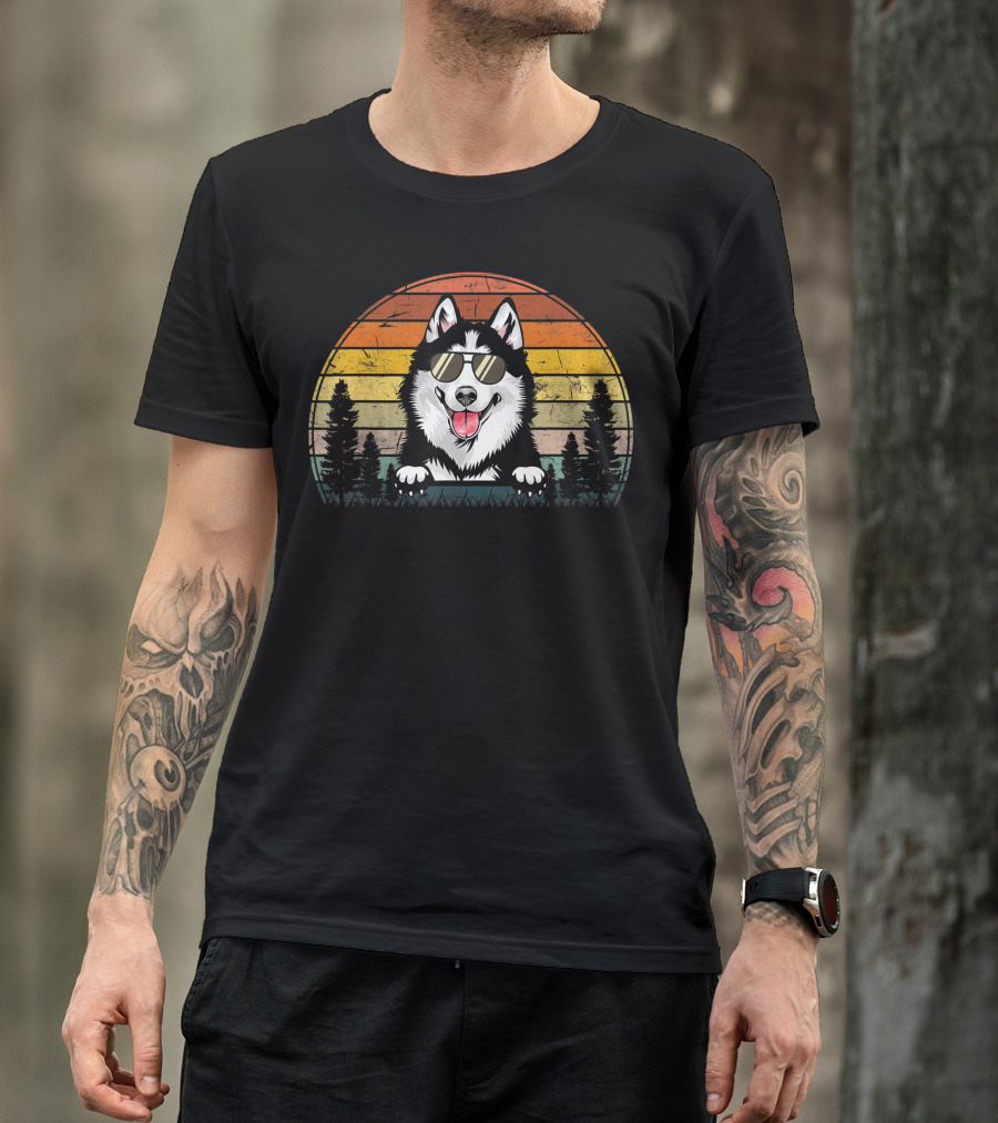 Siberian Husky Dog Xmas Retro Sunset Sunglasses T-Shirt