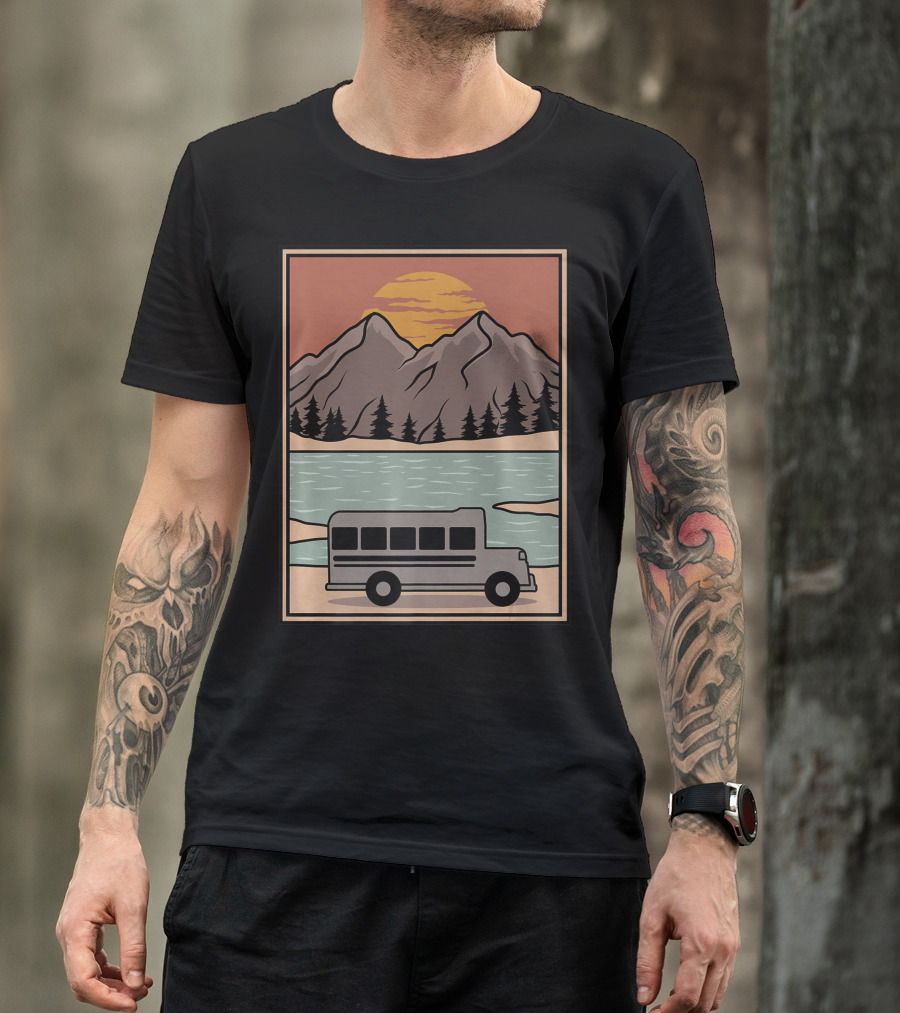 Vintage Skoolie Bus Conversion Scenic Mountain Lake Sunset T-Shirt