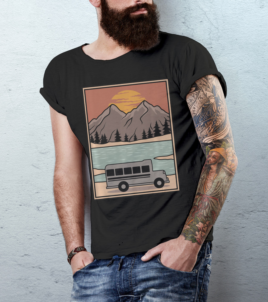 Vintage Skoolie Bus Conversion Scenic Mountain Lake Sunset T-Shirt