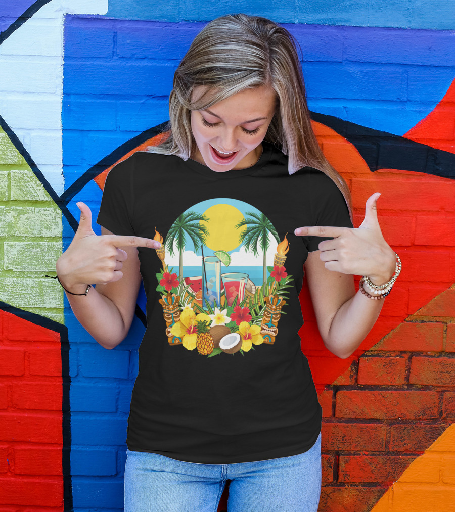 Tropical Sunset With Palm Trees And Exotic Drinks Amidst Tiki Torches And Hibiscus Flowers T-Shirt