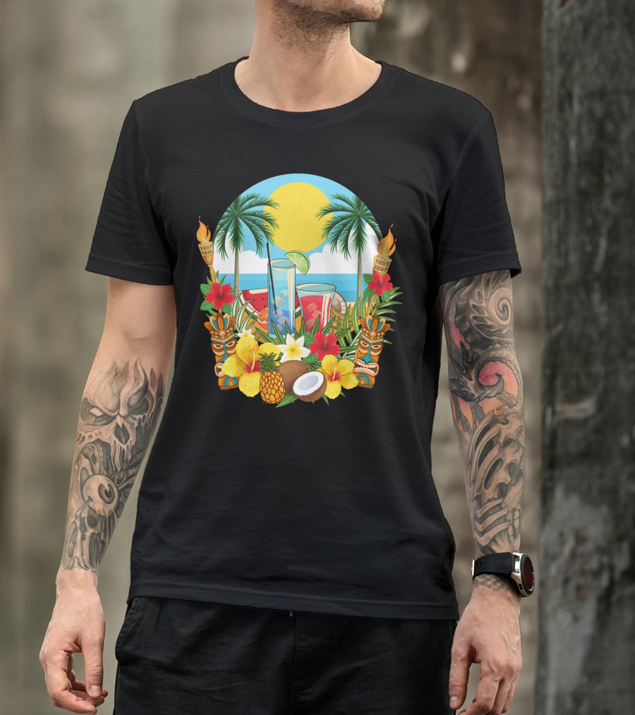 Tropical Sunset With Palm Trees And Exotic Drinks Amidst Tiki Torches And Hibiscus Flowers T-Shirt