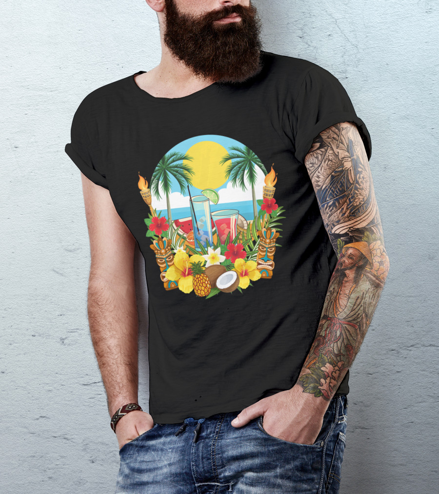 Tropical Sunset With Palm Trees And Exotic Drinks Amidst Tiki Torches And Hibiscus Flowers T-Shirt