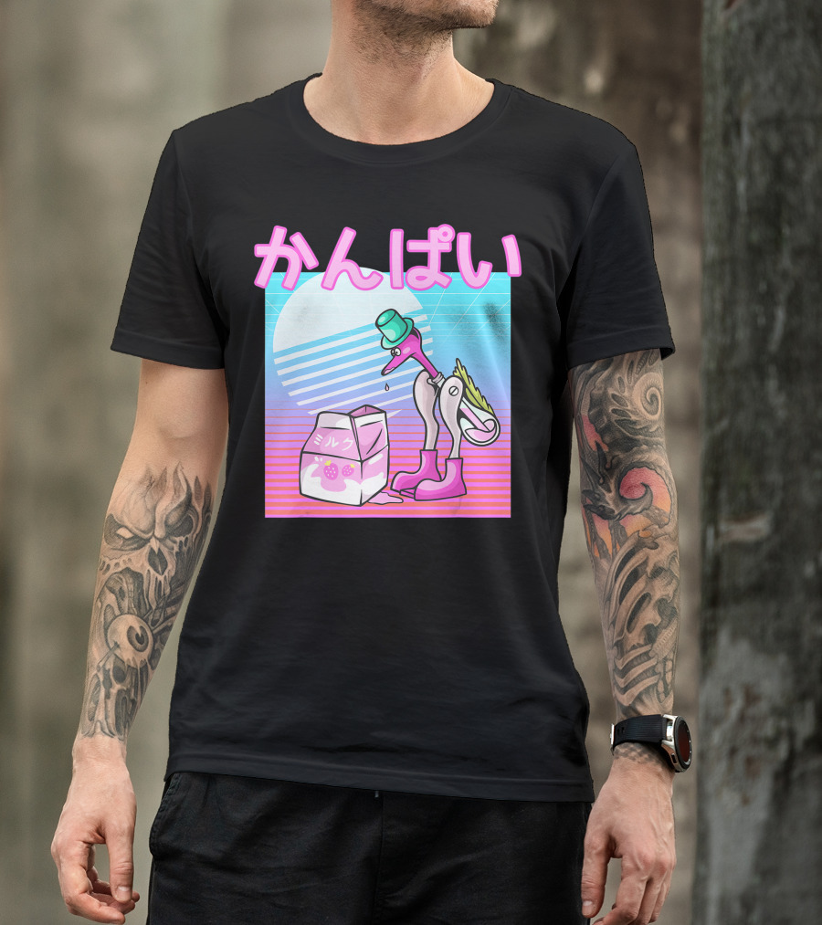 Vaporwave Strawberry Milk Kanpai Drinking Bird Toy Japanese T-Shirt