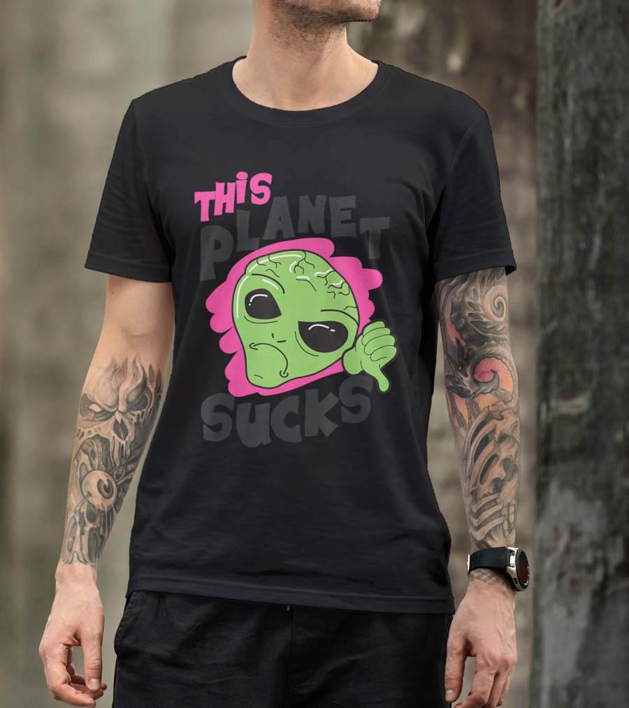 Green Alien Head Face This Planet Sucks Thumbs Down T-Shirt