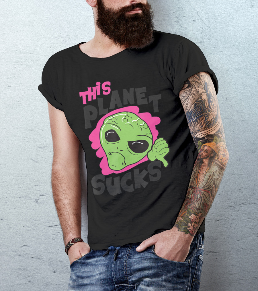 Green Alien Head Face This Planet Sucks Thumbs Down T-Shirt