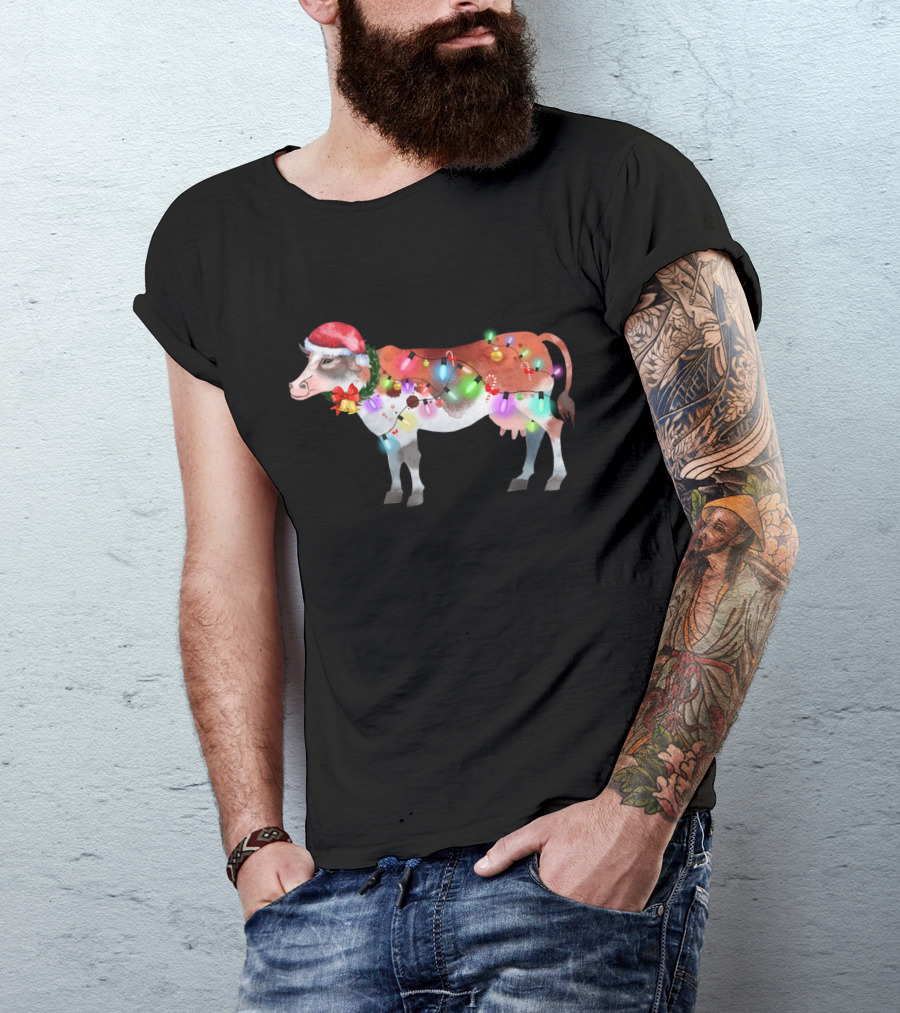 Christmas Lights Santa Hat Cow Festive Holiday T-Shirt