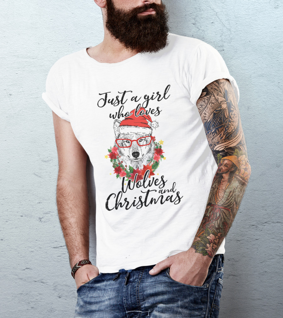 Girl's Love For Wolves And Christmas Santa Hat And Glasses T-Shirt