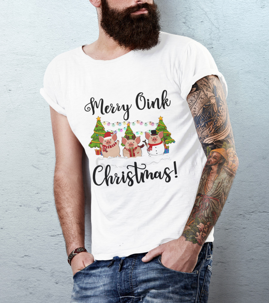 Merry Oink Christmas Pigs With Festive Trees And Lights T-Shirt