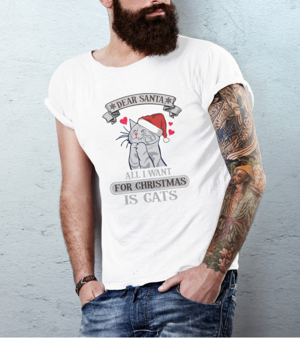 Dear Santa All I Want For Christmas Is Cats Santa Hat Heart Cat T-Shirt