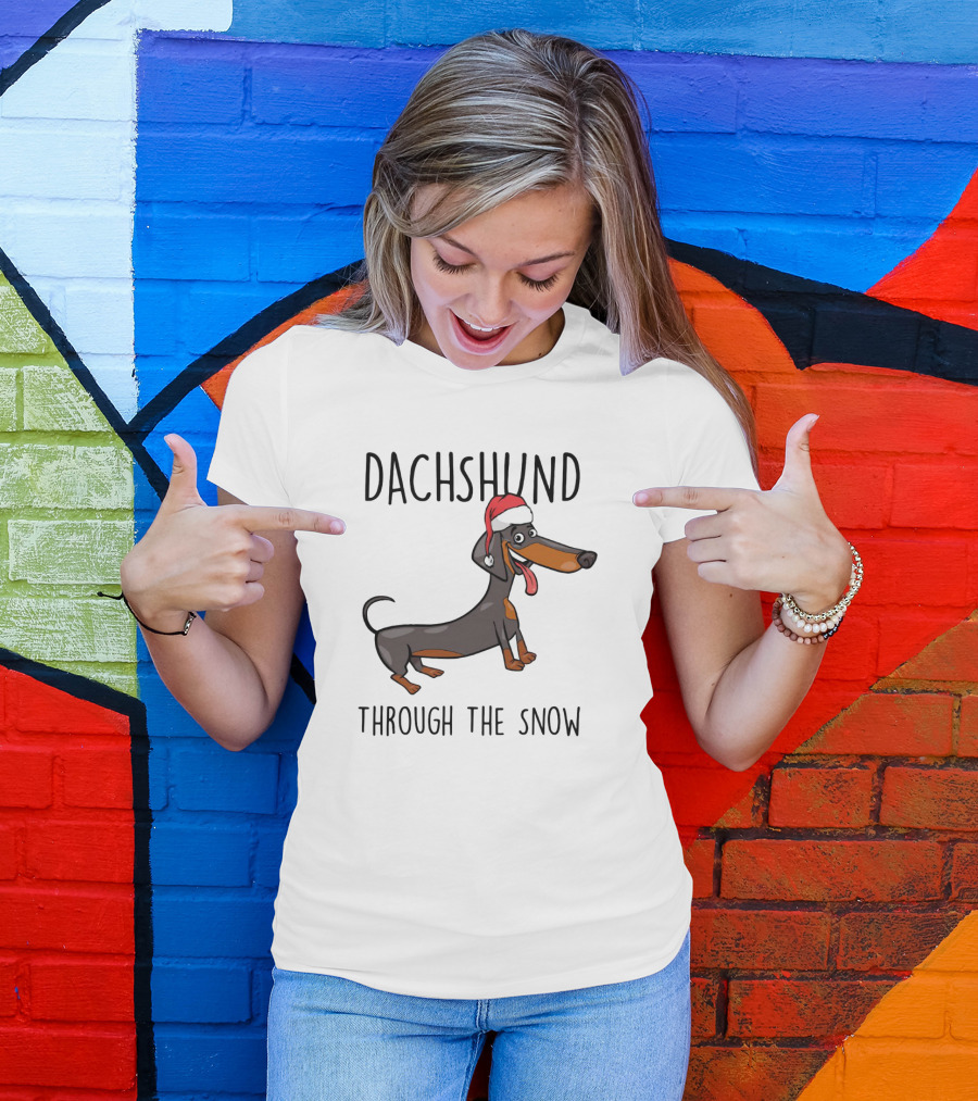 Dachshund Through The Snow Festive Sausage Dog With Santa Hat T-Shirt