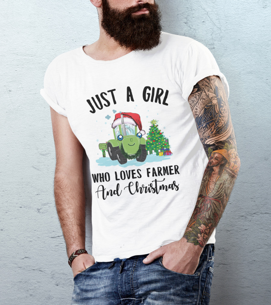 Just A Girl Who Loves Farmer And Christmas With Santa Hat Tractor And Christmas Tree T-Shirt