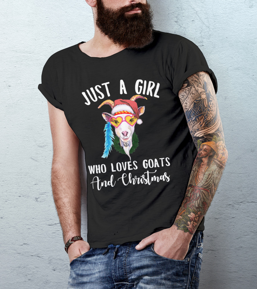 Just A Girl Who Loves Goats And Christmas With Santa Hat Peace Sign Glasses T-Shirt