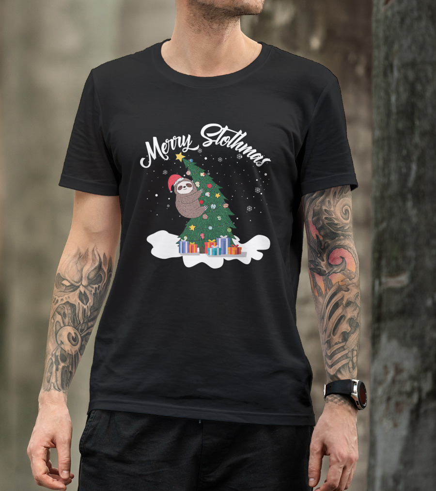 Merry Slothmas Sloth On Christmas Tree With Gifts And Snowflakes T-Shirt