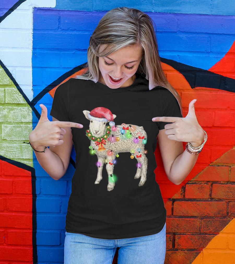 Christmas Sheep With Santa Hat And Holiday Lights T-Shirt