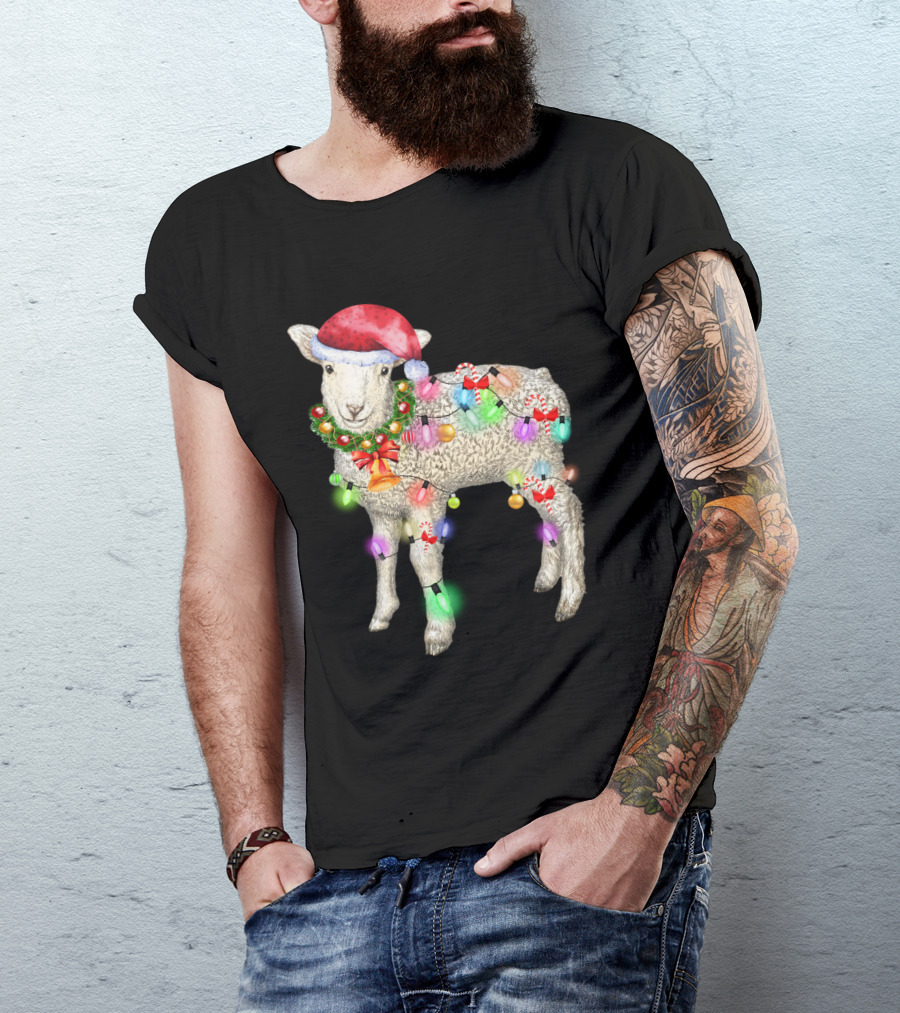 Christmas Sheep With Santa Hat And Holiday Lights T-Shirt